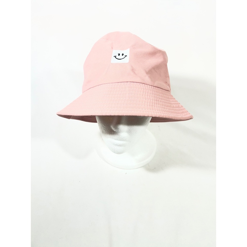 Kids Pink Bucket Hat Happy Face Embroidered Cotton Sun Hat Beach‎ Vacay Resort